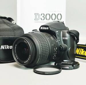 良品 ニコン D3000 デジタル一眼レフカメラ フィルター 取説 純正ストラップ ケース付き（NIKON DX VR AF-S NIKKOR 18-55mm 1:3.5-5.6 G） 