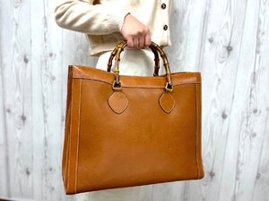 極美品 GUCCI グッチ バンブー トートバッグ ハンドバッグ バッグ レザー×バンブー 茶 A4収納可 78978