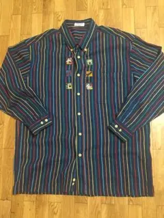 90s 日本製 長袖シャツ 木のボタン 刺繍 L～X L ストライプ