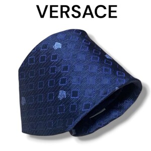 【美品】VERSACE ヴェルサーチ ネクタイ ハイブランド イタリア製 シルク シルク100% ネイビー ブルー 総柄 メデューサ