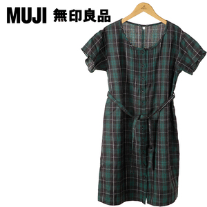 muji/無地良品 チェック柄 チュニック ワンピース グリーン M-L 中古 レディース ウール100%