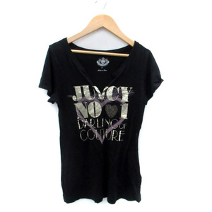 ジューシークチュール JUICY COUTURE Tシャツ カットソー スリットネック 半袖 プリント ラインストーン P XS 黒 ブラック レディース