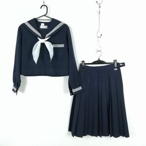 1円 セーラー服 スカート スカーフ 上下3点セット 冬物 白3本線 女子 学生服 中学 高校 紺 制服 中古 ランクC EY0955