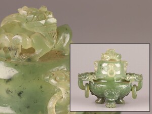 中国古玩 唐物 緑砡石 翡翠 遊環 置物 香炉 時代物 極上品 初だし品 D0324