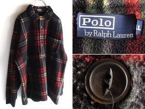 希少 90sビンテージ Polo by Ralph Lauren ラルフローレン 猫目ボタン 大判チェック柄 フリース プルオーバーシャツ LL 黒 赤 大きいサイズ