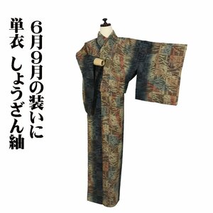 単衣 しょうざん紬 正絹 茶色 ベージュ 緑 赤 暈し 創作柄 Mサイズ ki29511 美品 レディース シルク 送料込み