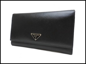 良品 PRADA プラダ サフィアーノレザー 二つ折り長財布 黒 M608A