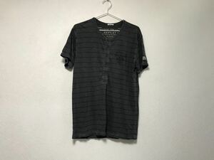 本物リプレイREPLAYコットンボーダー柄ヘンリーネック半袖TシャツメンズサーフアメカジミリタリーストリートスケーターグレーXLインド製