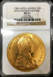 ☆1780-DATED AUSTRIA 20D GOLD MODERN RESTRIKE/1780年銘 オーストリア マリアテレジア ターラー銀貨金打ち 20ダカット金貨