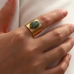 【期間限定】　個性的　レトロ　エメラルド　グリーン　指輪　金　シンプル　メンズ