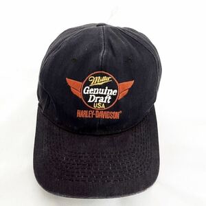 90s HARLEY DAVIDSON × Miller BEER 刺繍ロゴ キャップ コットン 黒 ビンテージ （ 90年代 ハーレーダビッドソン ミラー ビール バイカー