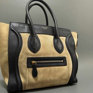 1円 CELINE セリーヌ ラゲージ マイクロショッパー スエード×レザー トートバッグ ハンドバッグ レディース ベージュ 紺色 正規品本物