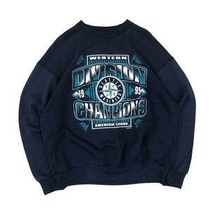 【XXL】USA 古着 90s SALEM SeattleMariners 90年代 MBL マリナーズ プリント スウェット トレーナー クルーネック ネイビー 2XL