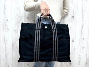 極美品 HERMES エルメス フールトゥMM トートバッグ ハンドバッグ バッグ キャンバス 黒×グレー A4収納可 メンズ 79927Y