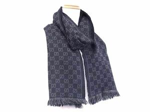 1円 ■美品■ GUCCI グッチ GG柄 ウール100％ フリンジ ストール ショール マフラー 防寒具 レディース メンズ ダークネイビー系 FB7602