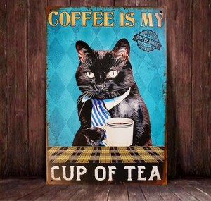 ブリキ看板　HANAKO　レトロ　猫カフェ　猫の看板　F　黒猫　ウェルカムボード