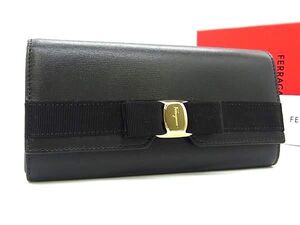 ■極美品■ Salvatore Ferragamo フェラガモ ヴァラリボン レザー 二つ折り 長財布 ウォレット ブラック系 BF8114