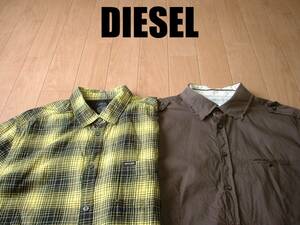 即戦力2着セット高級DIESELシャドーチェックシャツ&フリンジボックスシャツ半袖L正規ディーゼル黒ブラックx黄色イエロー&茶色ブラウン