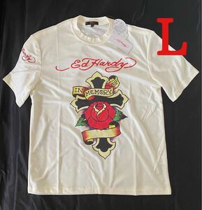 ED HARDY メンズ Tシャツ L オフホワイト クロス バラ エドハーディー 半袖Tシャツ ロゴ プリント 新品未使用 正規品