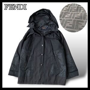 美品● FENDI フェンディ フーデッドコート ズッカ柄 2way 着脱可能 切替 ロング丈 コート ブラック 黒系 L〜LL相当 c133