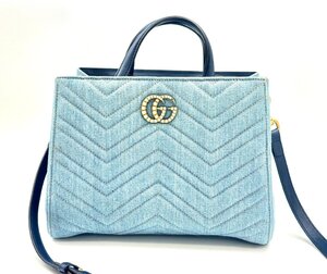 A) GUCCI グッチ GGマーモント デニム 2Wayショルダー ハンドバッグ 448054 エントルピー鑑定書有り 中古