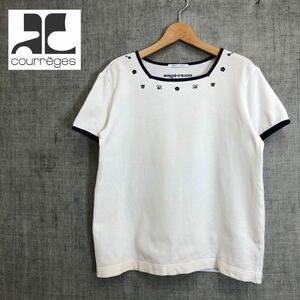 1H653-F-N◆ courreges クレージュ 半袖Tシャツ カットソー トップス ロゴ刺繍 ◆ size9 コットン ポリエステル ホワイト 古着 レディース