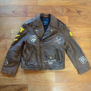 希少◆ポロラルフローレン キッズ レザージャケットPOLO Ralph LaurenLeather Graphic Moto Jacket 子ども用 ライダース 羊革 サイズ6