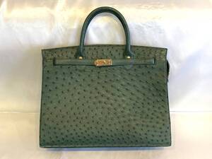 オーストリッチレザー ハンドバッグ バーキン風 ORIGINAL OSTRICH LEATHER グリーン系 ゴールドカラー金具 内側ダメージ有 ジャンク 1円～