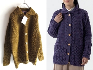 新品タグ付 JM Cooper Knitwear ジェイエムクーパー くるみ釦 ブリティッシュウール ケーブルニット カーディガン L マスタードブラウン