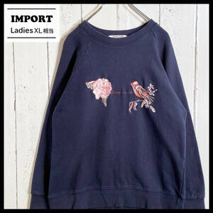 【USED】Vintage スウェット トレーナー 花 バラ ROSE 鳥 刺繍 90s 00s Y2K L古着 L～XLサイズ相当 ネイビー ☆送料無料☆