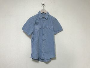 本物ディーゼルDIESELコットンギンガムチェック柄刺繍プリント半袖シャツメンズアメカジサーフワークビジネスミリタリー白青ブルーXS