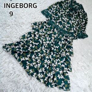 美品　INGEBORG ティアードフリルスカート 総柄　グリーン　サイズ9インゲボルグ 小花柄 フラワープリント 