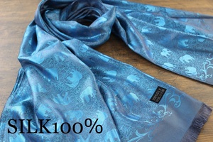 新品【シルク100% SILK】エレファント柄 象柄 メタルブルー 青 M.BLUE 大判 ストール/スカーフ