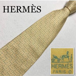 HERMES エルメス　ネクタイ　H柄　格子　総柄　シルク100% フランス製　イエロー