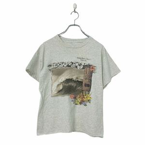 半袖 プリント Tシャツ レディース L~ グレー ハイビスカス 花 波 Hawaiian ちびT フロリダ リメイク 古着卸 アメリカ仕入 a508-6014