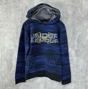 アンダーアーマー UNDER ARMOUR Mサイズ パーカー ブルー ジュニア キッズ プルオーバー ビッグロゴ ネイビー NAVY 古着 USED