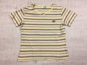 GuGuWorld グーグーワールド マルチボーダー ワンちゃん キーネック オール ドレトロ 古着 半袖Tシャツ レディース M ベージュ