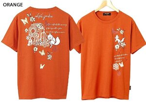 「クラシカルな二眼レフカメラ」半袖Tシャツ◆今昔 オレンジXLサイズ KJ-29183 和柄 和風 狐 キツネ きつね ユニセックス こんじゃく