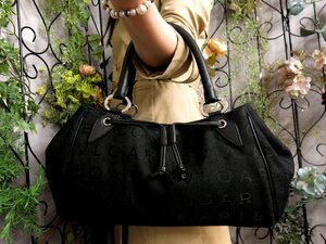 ●超美品●新品同様●BVLGARI ブルガリ●ロゴマニア●キャンバス カーフ レザー 本革●トート バッグ●黒●シルバー金具●腕掛け●Js54168