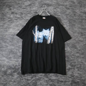 90s 00s anvi White Wolf Big Print Loose Black Tee アンビル 白狼 オオカミ プリント ルーズ 黒 Tシャツ XL 90年代