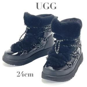 美品 UGG アグ Highland Waterproof ハイランド ウォータープルーフ ショート ブーツ ムートン ブラック 黒 撥水 24㎝ レディース