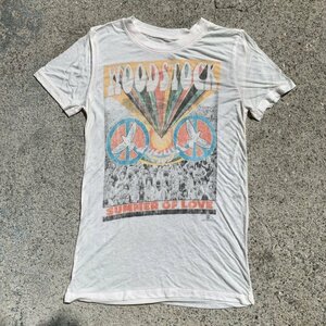 【XS(レディースサイズ)】WOODSTOCK プリントTシャツ 白■アメリカ古着 ウッドストック ヒッピー サマーオブラブ バンド