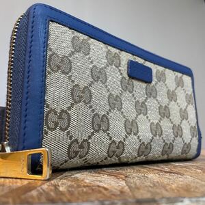 1円　極美品　 GUCCI グッチ　 ウォレット　 長財布　 ラウンドファスナー　 ロングウォレット　 シマ　 マーモント　 財布　ネイビー