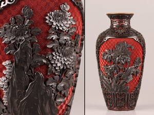 中国古玩 唐物 堆朱 堆黒 花瓶 時代物 極上品 初だし品 C7577