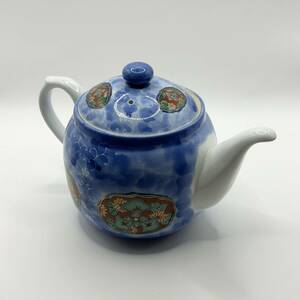 A) 急須 ポット 茶器 茶注 煎茶道具和風 日本風 花柄 花模様 青 ブルー 窯 和食器 昭和レトロ 陶器 白 D2004