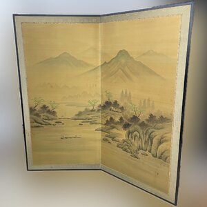 Y1007 2曲 金屏風 落款 一葉 山村 農夫画 幅176×高176×幅1.9 日本画 風景画 二枚折 折り畳 屏風 パーテーション 仕切り インテリア 骨董