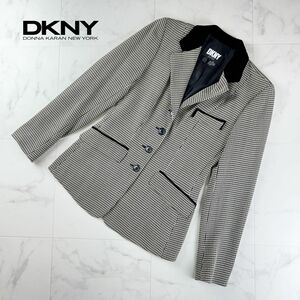 美品 DKNY ダナキャラン 千鳥格子 襟切替 ウールテーラードジャケット 総裏 レディース 白黒 サイズP4*RC127