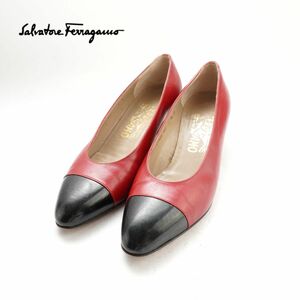 Salvatore Ferragamo サルヴァトーレフェラガモ 5 1/2 23.0 パンプス イタリア製 ヒール レザー バイカラー 黒 ブラック 赤 レッド /KC8