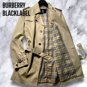 希少LL/美品◎バーバリーブラックレーベル ノバチェック トレンチコート 銀ボタン ホースロゴ刺繍 ベージュ BURBERRY BLACKLABEL メンズ XL