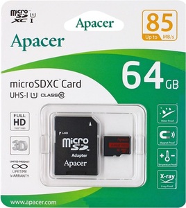 64GB microSDXCカード 64GB アペイサー UHS-I/U1/Class10対応 85MB/s マイクロSDアダプタ付 64g AP64GMCSX10U5-R Apacer